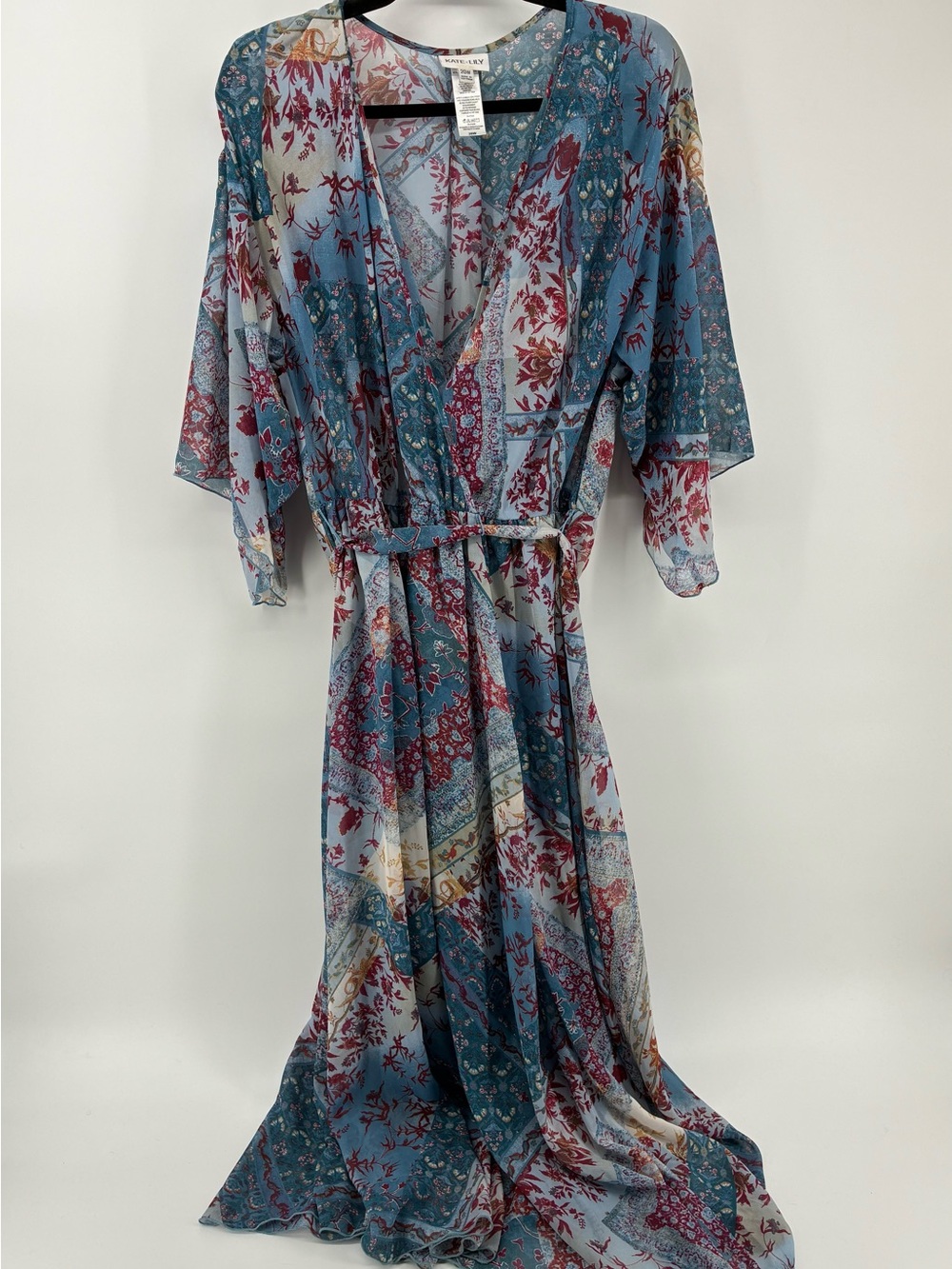 Boho Blue Floral Patchwork Maxi Dress with Tie Waist - Picture 10 of 13